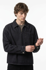 Men's Vintage Black Chest Pocket Polo Collar Denim Pullover