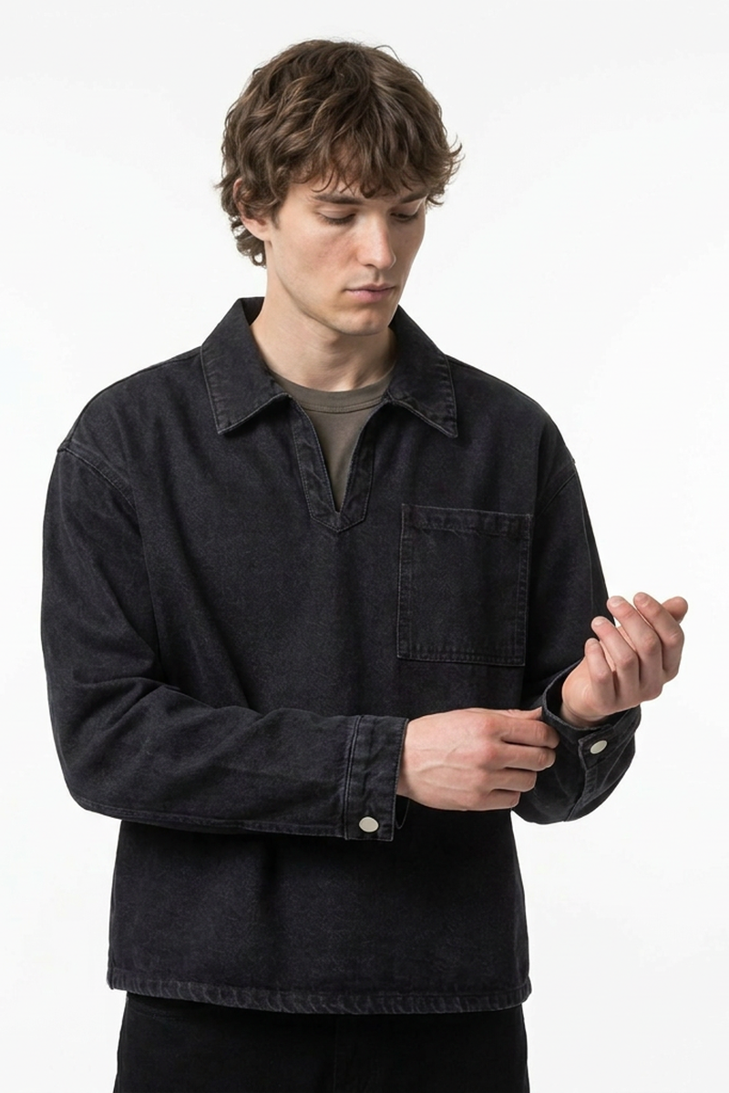 Men's Vintage Black Chest Pocket Polo Collar Denim Pullover