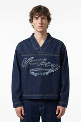 Men's V-Neck Washed Overshirt Denim Pullover Shirt