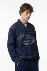 Men's V-Neck Washed Overshirt Denim Pullover Shirt