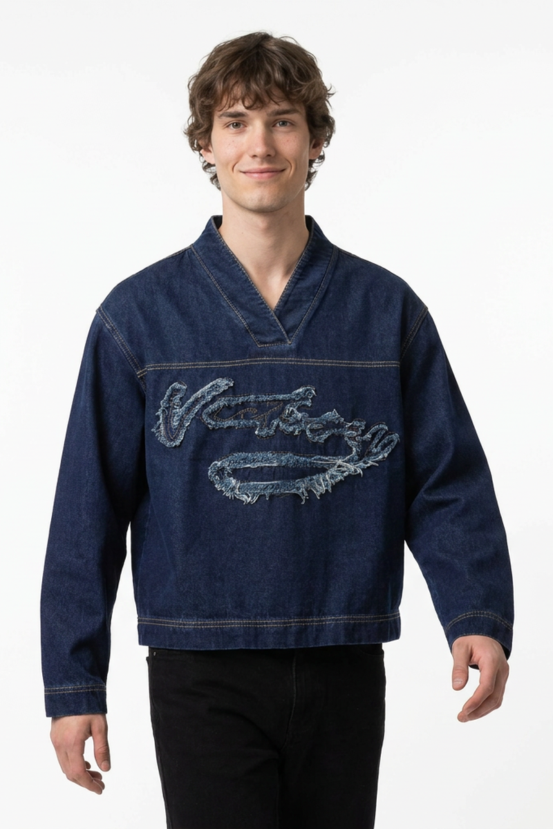 Men's V-Neck Washed Overshirt Denim Pullover Shirt