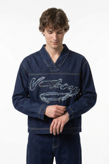Men's V-Neck Washed Overshirt Denim Pullover Shirt