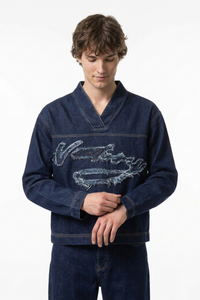 Men's V-Neck Washed Overshirt Denim Pullover Shirt