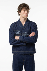 Men's V-Neck Washed Overshirt Denim Pullover Shirt