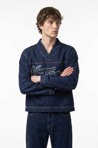 Men's V-Neck Washed Overshirt Denim Pullover Shirt