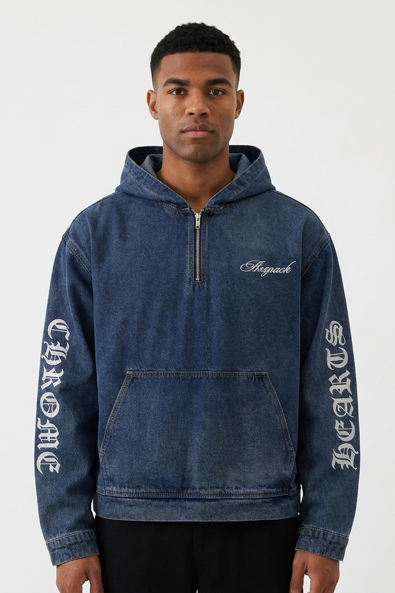 Men's Graphic Print Washed Blue Quarter Zip Denim Hoodie