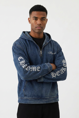 Men's Graphic Print Washed Blue Quarter Zip Denim Hoodie