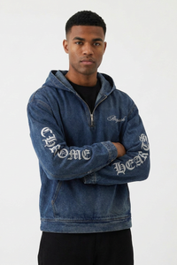 Men's Graphic Print Washed Blue Quarter Zip Denim Hoodie