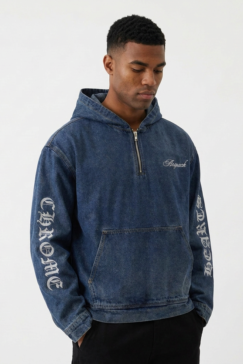 Men's Graphic Print Washed Blue Quarter Zip Denim Hoodie
