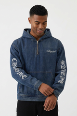 Men's Graphic Print Washed Blue Quarter Zip Denim Hoodie
