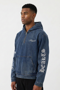 Men's Graphic Print Washed Blue Quarter Zip Denim Hoodie