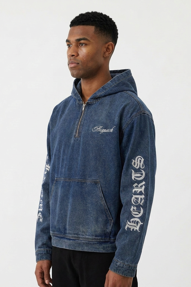 Men's Graphic Print Washed Blue Quarter Zip Denim Hoodie
