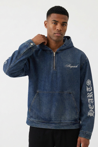 Men's Graphic Print Washed Blue Quarter Zip Denim Hoodie