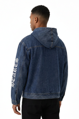 Men's Graphic Print Washed Blue Quarter Zip Denim Hoodie
