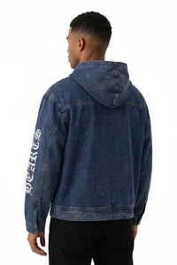 Men's Graphic Print Washed Blue Quarter Zip Denim Hoodie