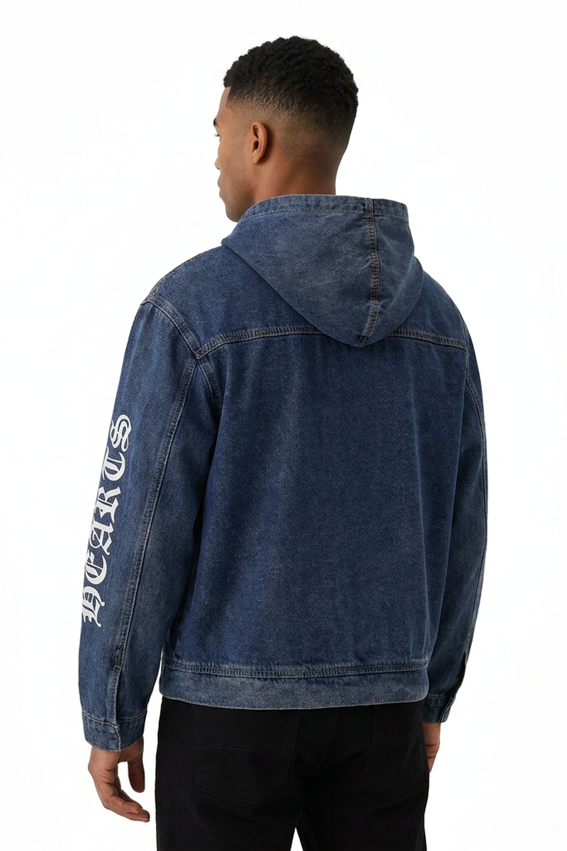Men's Graphic Print Washed Blue Quarter Zip Denim Hoodie