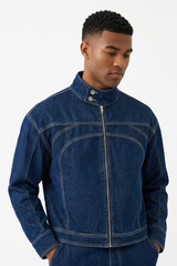 Men's Vintage Stand Collar Zip-Up Denim Jacket