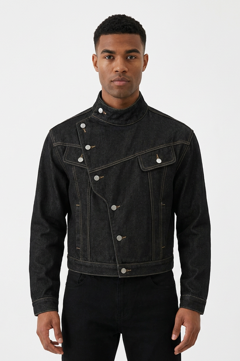 Men's Vintage Asymmetric Placket Stand Collar Denim Jacket