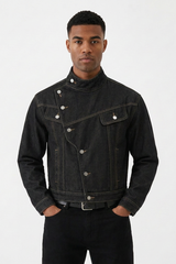 Men's Vintage Asymmetric Placket Stand Collar Denim Jacket