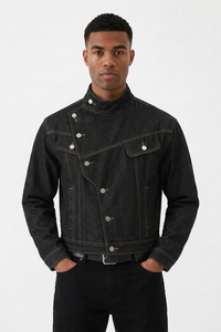 Men's Vintage Asymmetric Placket Stand Collar Denim Jacket