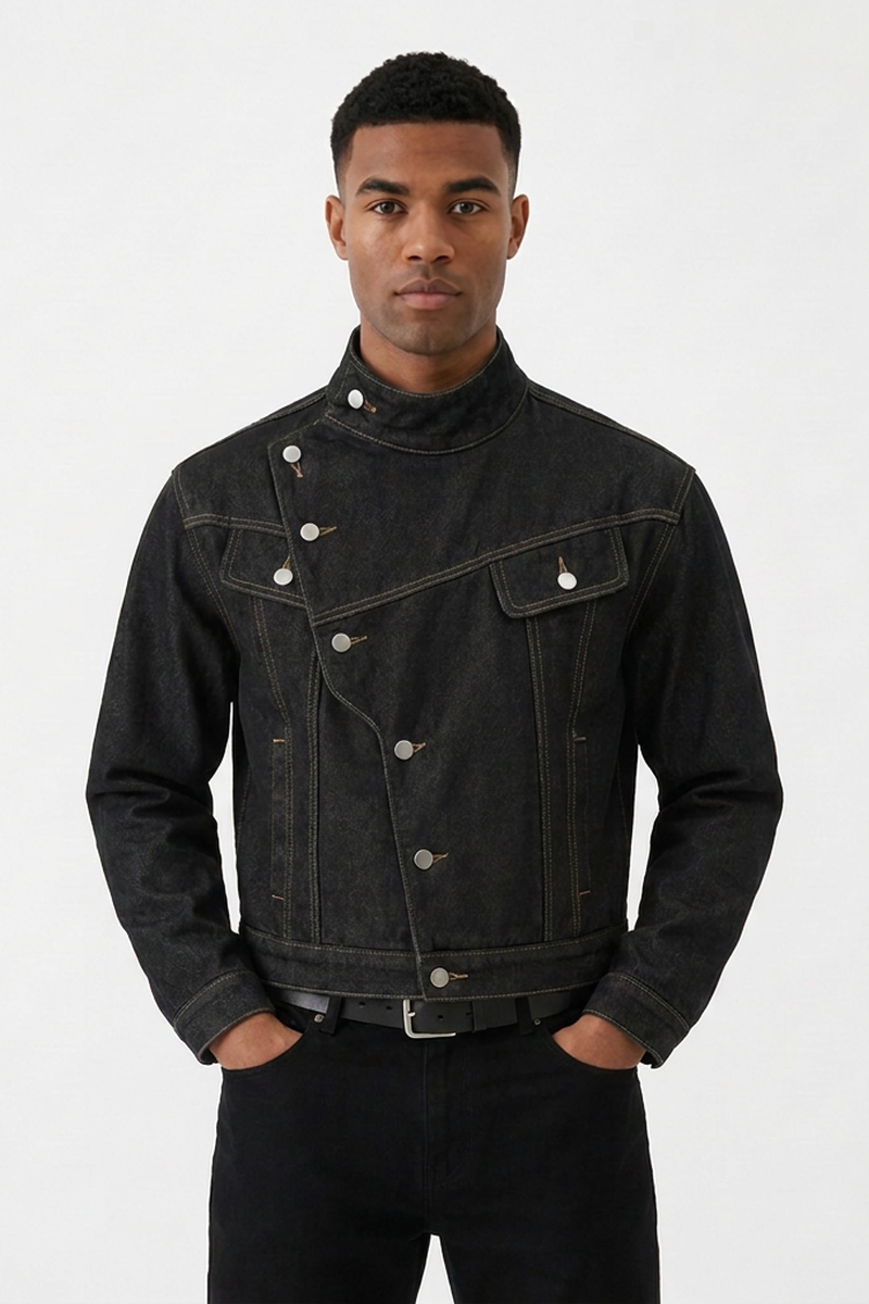 Men's Vintage Asymmetric Placket Stand Collar Denim Jacket