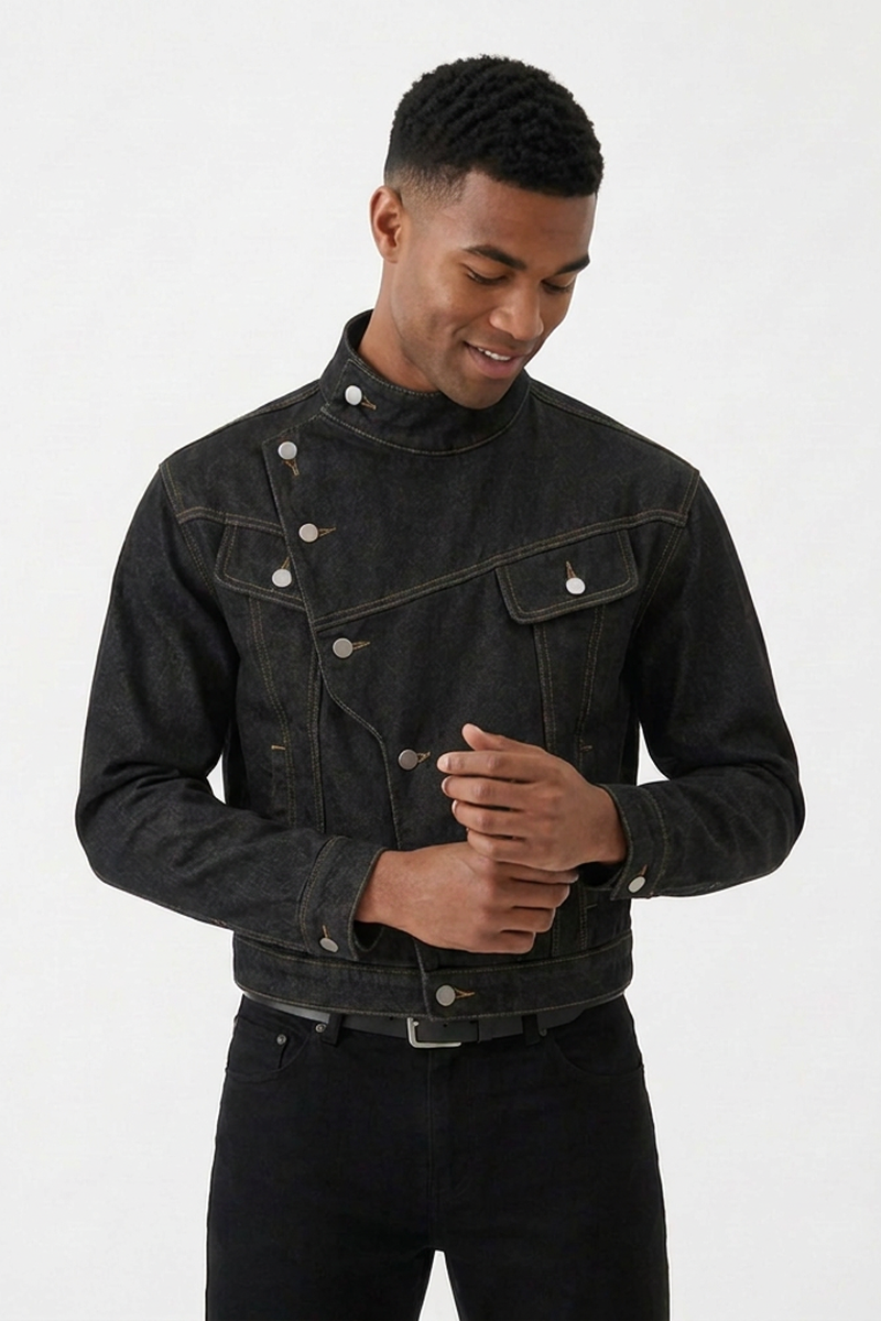 Men's Vintage Asymmetric Placket Stand Collar Denim Jacket
