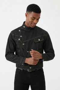 Men's Vintage Asymmetric Placket Stand Collar Denim Jacket