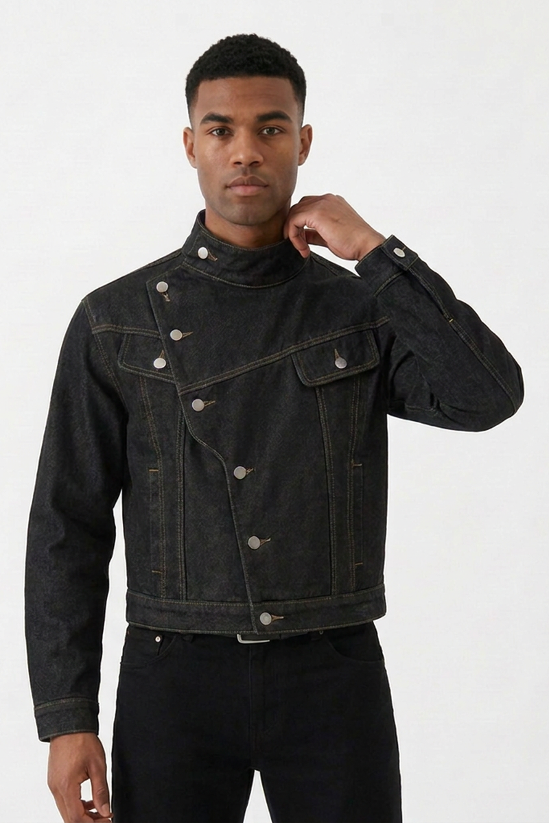Men's Vintage Asymmetric Placket Stand Collar Denim Jacket
