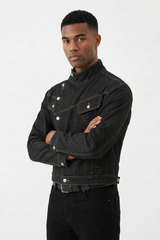 Men's Vintage Asymmetric Placket Stand Collar Denim Jacket