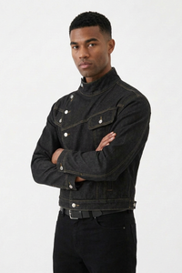 Men's Vintage Asymmetric Placket Stand Collar Denim Jacket