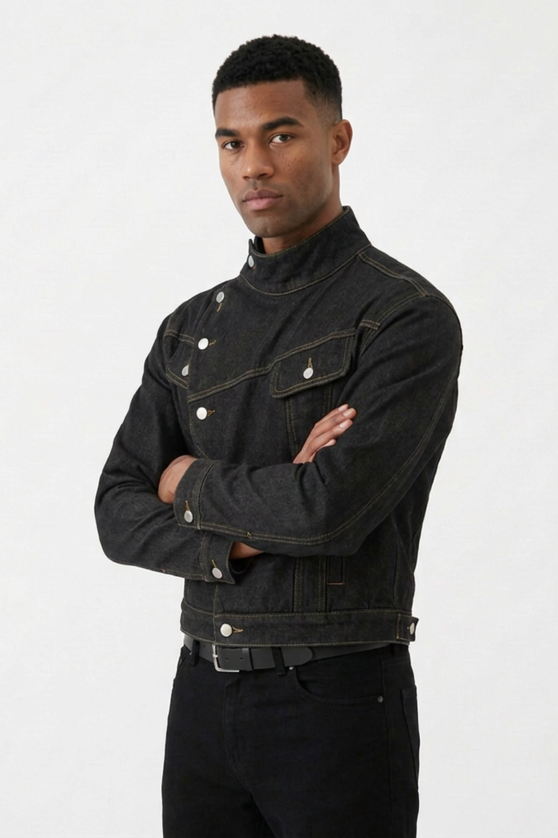 Men's Vintage Asymmetric Placket Stand Collar Denim Jacket