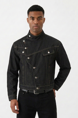 Men's Vintage Asymmetric Placket Stand Collar Denim Jacket