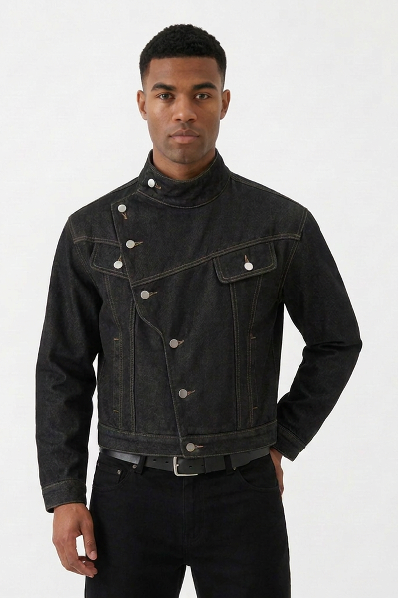 Men's Vintage Asymmetric Placket Stand Collar Denim Jacket