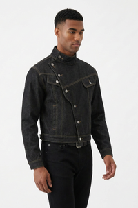 Men's Vintage Asymmetric Placket Stand Collar Denim Jacket