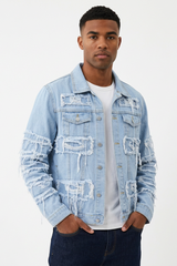 Men's 100% Cotton Heavy Ripped Frayed Distressed Denim Jacket