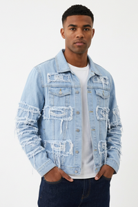 Men's 100% Cotton Heavy Ripped Frayed Distressed Denim Jacket