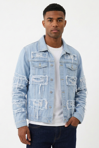 Men's 100% Cotton Heavy Ripped Frayed Distressed Denim Jacket