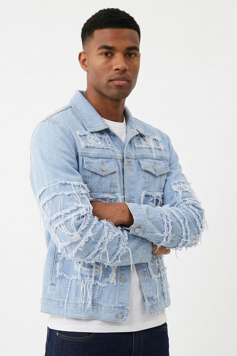 Men's 100% Cotton Heavy Ripped Frayed Distressed Denim Jacket
