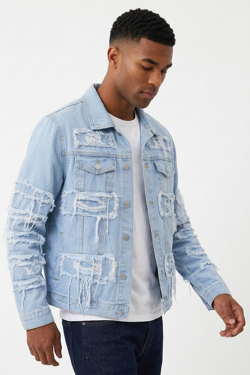 Men's 100% Cotton Heavy Ripped Frayed Distressed Denim Jacket
