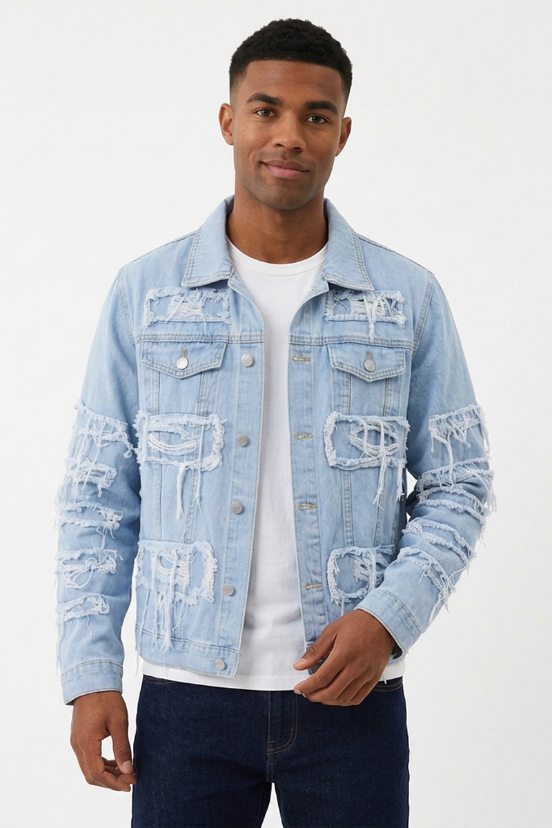Men's 100% Cotton Heavy Ripped Frayed Distressed Denim Jacket