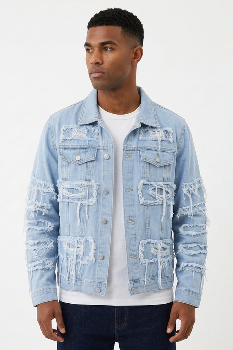 Men's 100% Cotton Heavy Ripped Frayed Distressed Denim Jacket