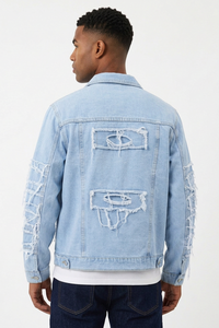 Men's 100% Cotton Heavy Ripped Frayed Distressed Denim Jacket
