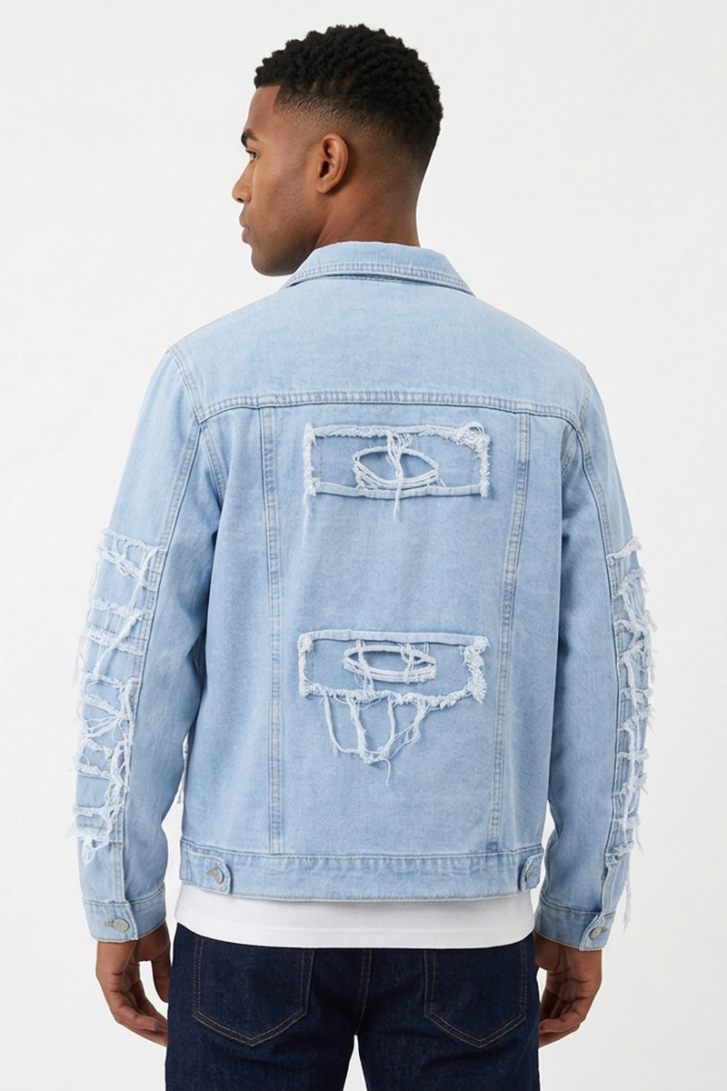 Men's 100% Cotton Heavy Ripped Frayed Distressed Denim Jacket