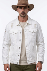 Men's 100% Cotton Ripped White Western Wear Denim Jacket