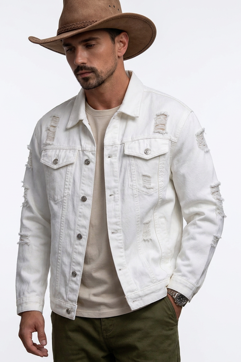 Men's 100% Cotton Ripped White Western Wear Denim Jacket
