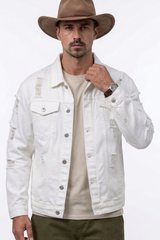 Men's 100% Cotton Ripped White Western Wear Denim Jacket