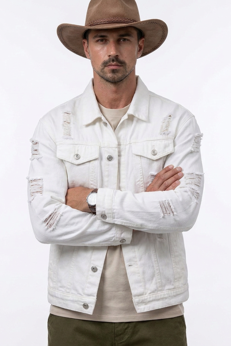 Men's 100% Cotton Ripped White Western Wear Denim Jacket