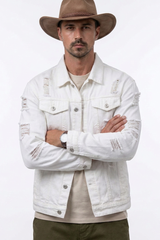 Men's 100% Cotton Ripped White Western Wear Denim Jacket