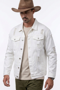 Men's 100% Cotton Ripped White Western Wear Denim Jacket