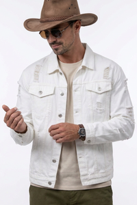 Men's 100% Cotton Ripped White Western Wear Denim Jacket